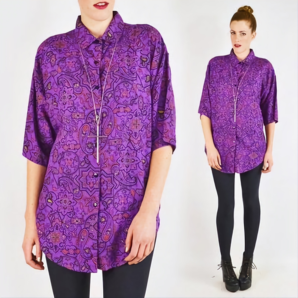 Vintage 1980s Purple Printed Button Short Sleeve Top